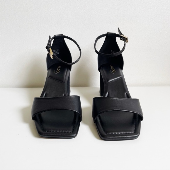 NEW ALDO Safdie Ankle strap heels sandal Block heel square toe black leather 8.5 - Picture 15 of 16